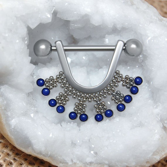 Nipple Piercing Surgical Steel - Nipple Barbell 14g - Dangle Nipple Ring Barbell with Lapis Lazuli stones - Nipple Jewelry 14 gauge