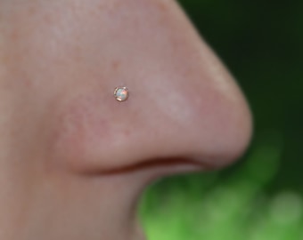 2mm White Opal Nose Stud - Gold Nose Ring 18 gauge - Tragus Earring - Cartilage Earring - Forward Helix Earring - Nose Screw - Nose Piercing