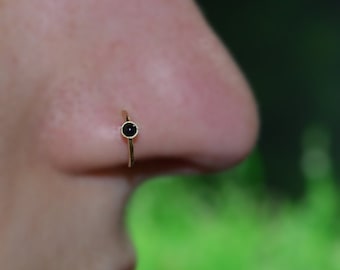 Gold Nose Ring - Black 2mm Onyx Nose Hoop - Rook Earring - Septum Piercing - Tragus Jewelry - Cartilage Earring Hoop - Daith Ring 18 gauge