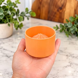 May include: A small, cylindrical orange plastic mold with a smooth exterior and a pointed, cone-shaped protrusion centered at the base. The object is held in an open palm, showcasing its compact size and simple, uniform construction.