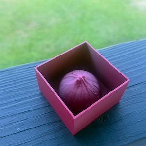 May include: A square, matte pink box containing a single, round, dark pink object with a pointed top. The object has a textured, pleated surface that resembles a small, stylized fruit or a decorative ornament nestled inside the open container.