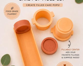 May include: A fillable cake pop mold set featuring orange and terracotta plastic components. The set includes a long rectangular tray, two cylindrical molds with handles, and a circular insert. Text reads Fillable Cake Pop Mold Set.