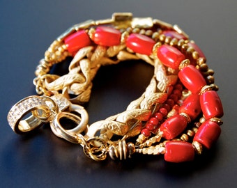Chunky Charm and Chain Bracelet, Red and Gold, Pave Chain, Arm Candy, Stack Bracelet, Beaded Charm Bracelet, Jewelry Trends 2018