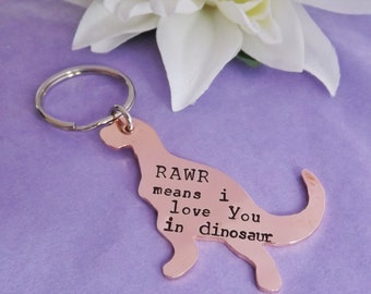 Copper Hand Stamped Dinosaur Keyring - Hand Stamped Dinosaur Keychain - Copper Keyring - Copper Keychain - 7 Year Anniversary Gift