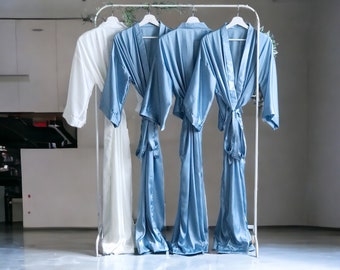 Softest silky Personalized Bridesmaid robes in satin dusty blue, navy, ice, silver for Mother of the Groom/Bride/Bridal party Long robes