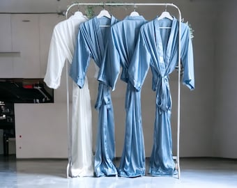 Softest silky Personalized Bridesmaid robes in satin dusty blue, navy, ice, silver for Mother of the Groom/Bride/Bridal party Long robes