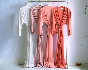 Elegant Bridesmaid Robes Personalized Very Long Robes in Soft Stretchy Coral Salmon & Mauve Hues for Bridesmaid gifts/ Mother of the Bride