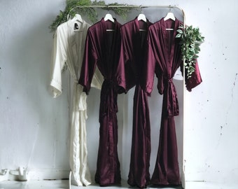 Bridesmaid robes in elegant Burgundy Wine silky satin Custom personalized robes for Mother of the Bride, Groom and Bridal party gifts.