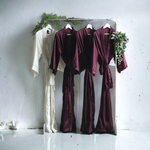 Bridesmaid robes in elegant Burgundy Wine silky satin Custom personalized robes for Mother of the Bride, Groom and Bridal party gifts.