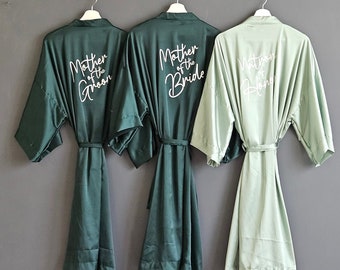 Long satin Bridesmaid robes & silk wedding dressing gowns in emerald and sage green personalized for the bridal party getting ready gifts.
