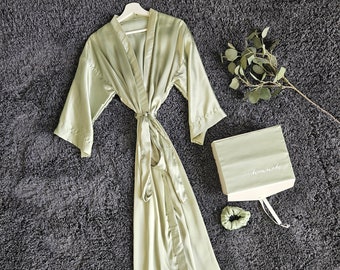 Long soft satin bridesmaid robes + scrunchie & personalized bridesmaid gifts box for mother of the groom/bride Bridal party gifts Olive sage