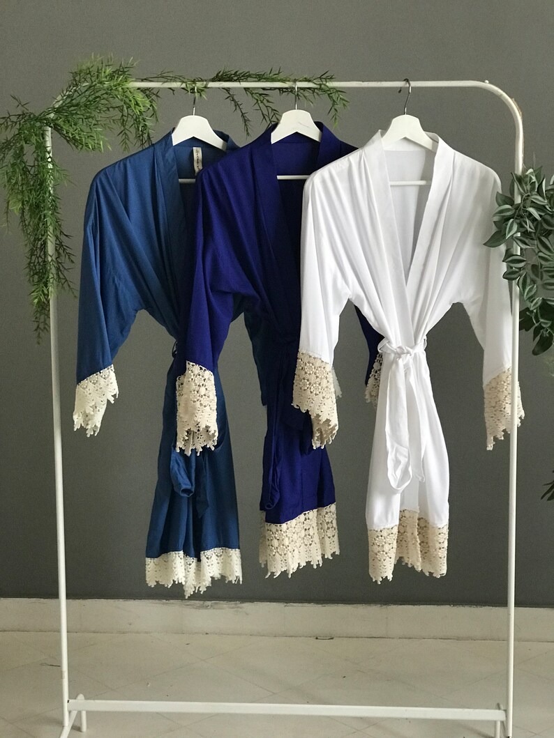 Blue Robe Hanging Blue Cotton Bridesmaid Robes With Lace Trim. Personalized Bridal Party ...