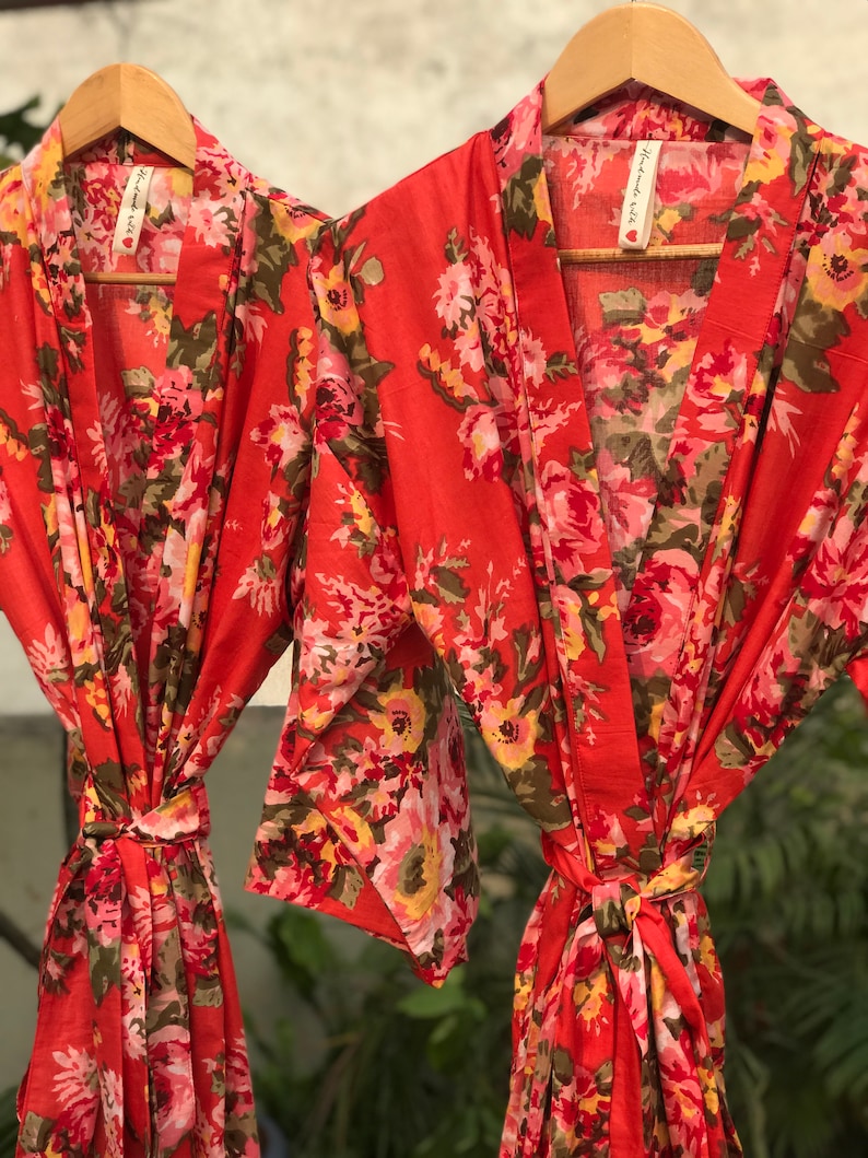 Attractive stock clearance rates Tomato red Long robes in lovely breathable cotton for tall bridesmaids Compliment shower guaranteed.