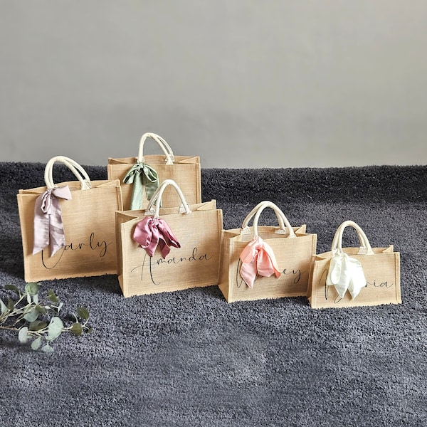 Tote Bags as Gift Bags, Custom Burlap bags 4 sizes personalized jute Beach bags Wedding favor bags, Silk Scarf, made in India in my studio