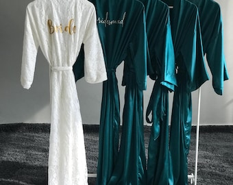 Lace Bride Robe: Teal Satin Bridesmaid Robes, Ankle Length