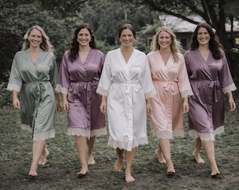 Bridesmaid Robe: Satin with Lace Trim - Personalized Bridal Party