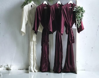 Burgundy Bridesmaid Robes Silky Soft Satin. Personalized Kimono. Sizes S-3XL