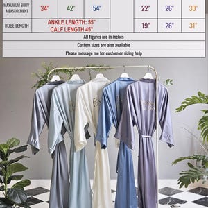 a collection of colorful robes hanging on a rack, with a table below providing size and measurements for each robe.