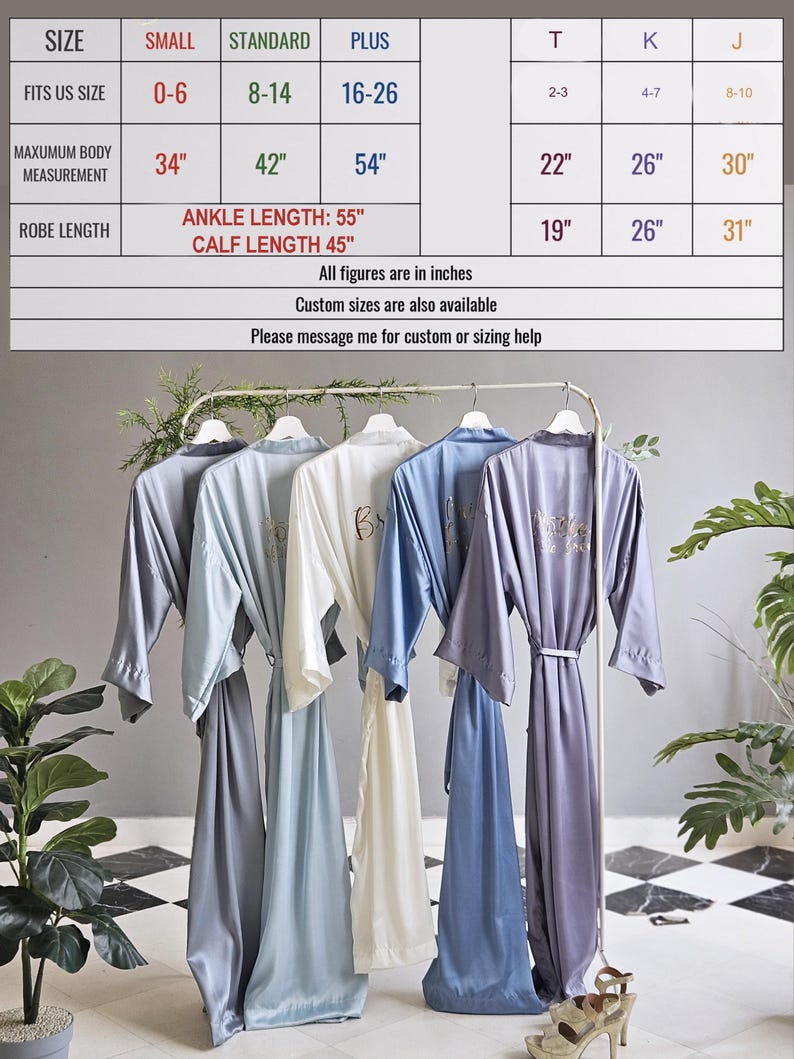 a collection of colorful robes hanging on a rack, with a table below providing size and measurements for each robe.