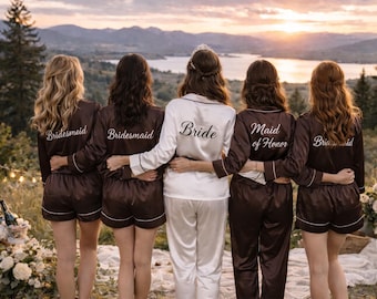 Brown Satin Bridesmaid Pajamas - Personalized Bridal Lounge Set