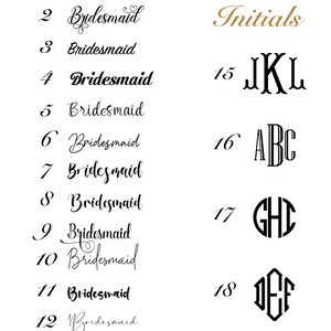 a collection of text font options, including initials and bridesmaid names, along with their corresponding font styles.