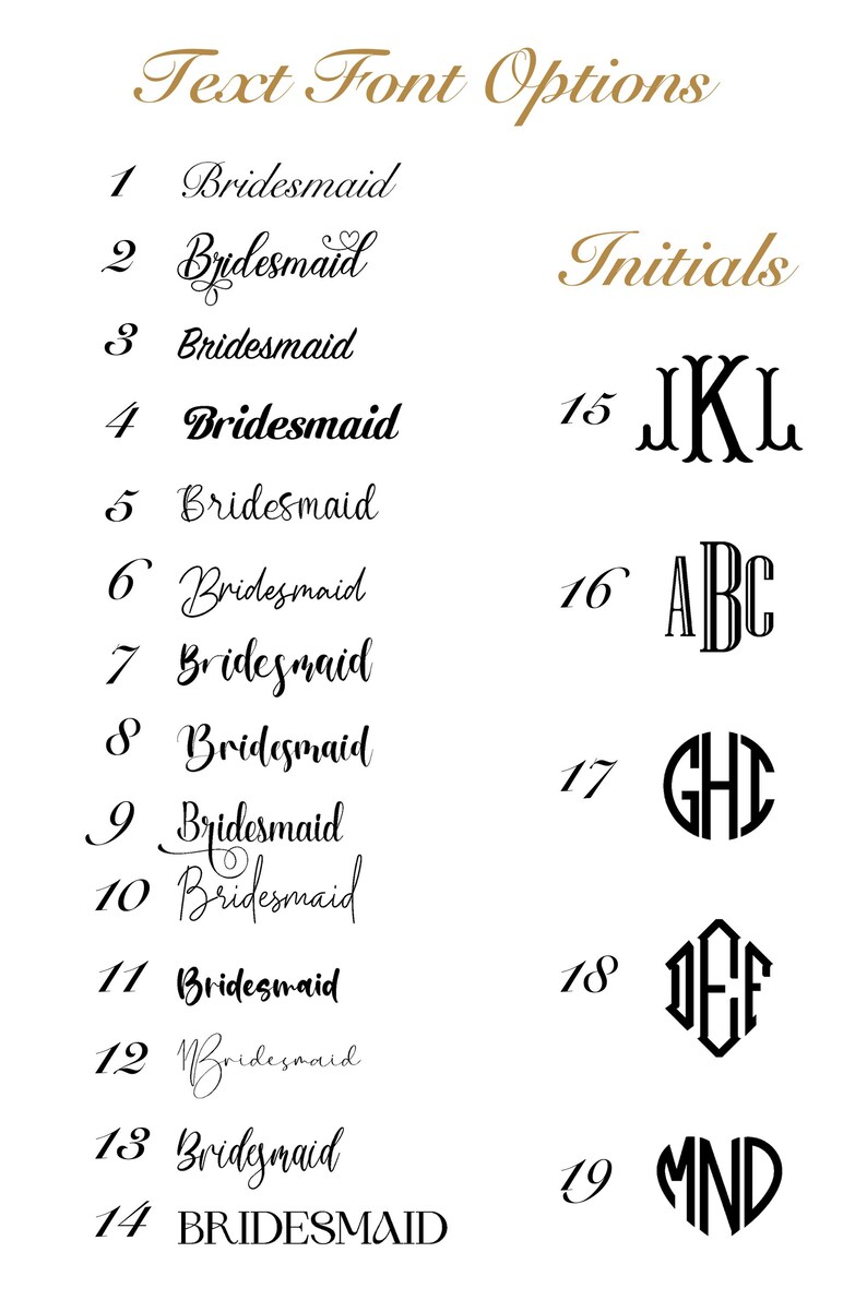 a collection of text font options, including initials and bridesmaid names, along with their corresponding font styles.