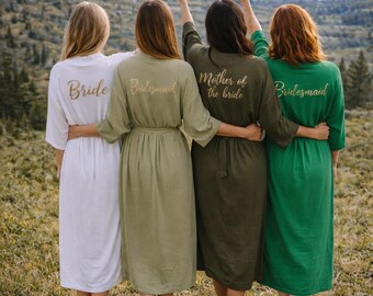 Green Bridesmaid Robes. Personalized kimono. Jersey Stretch Cotton.