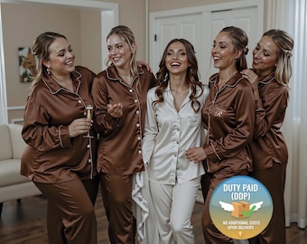 Silky Satin Bridesmaid Pajamas, Personalized Bridal Party PJs in Brown and assorted colors. DDP.