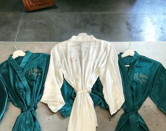Bridesmaid robes in Emerald green Satin Personalized with Maid of Honor, Mother of the Groom, Bride and other texts.