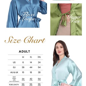 The image is a size chart for a robe, featuring three different styles: a blue robe, a green robe, and a light blue robe. The chart provides measurements for each style, including bust, waist, hips, and legs, as well as the robe length. The chart also includes a photo of a woman wearing the robe, and the text "Adult" and "Belt" are visible.