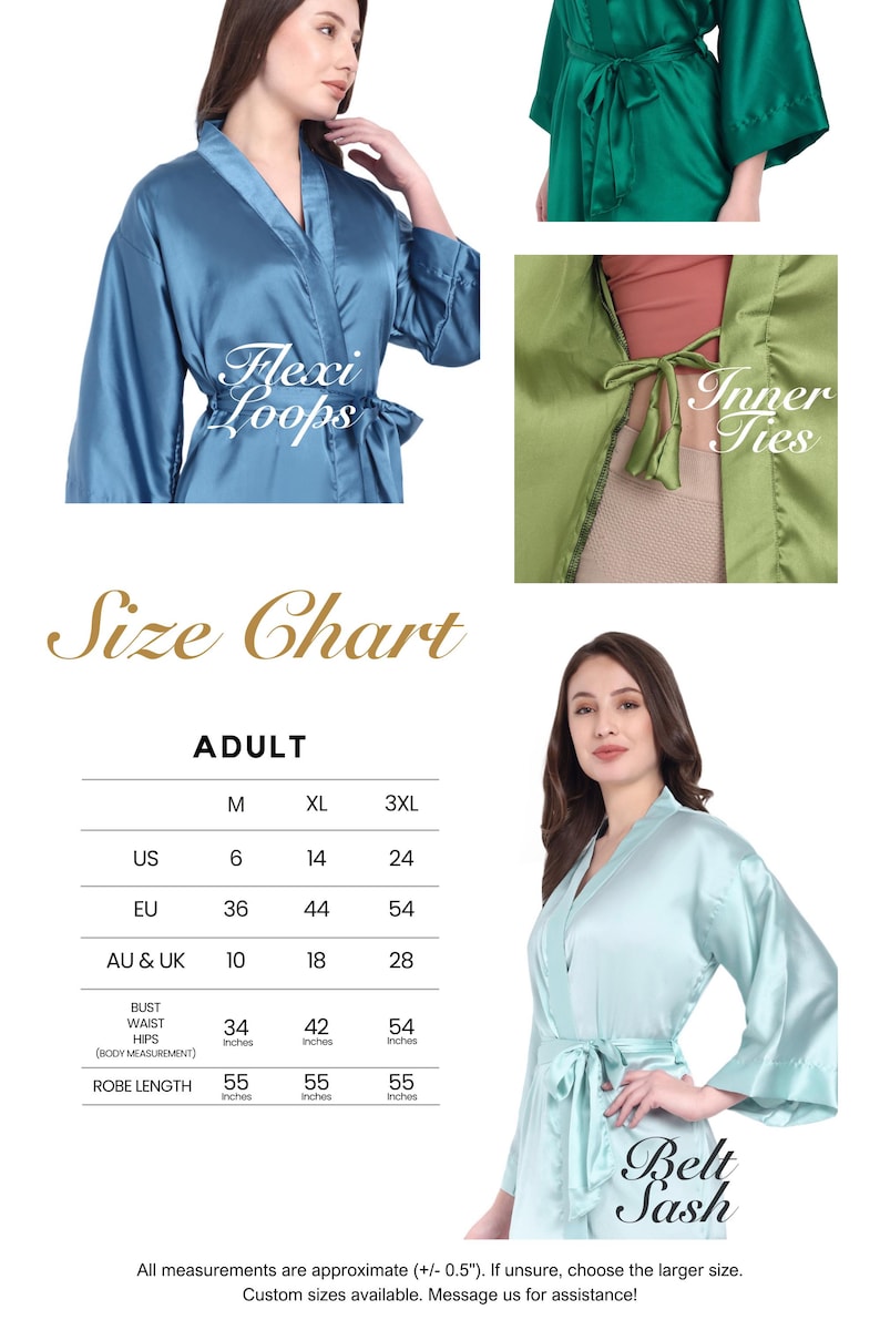 The image is a size chart for a robe, featuring three different styles: a blue robe, a green robe, and a light blue robe. The chart provides measurements for each style, including bust, waist, hips, and legs, as well as the robe length. The chart also includes a photo of a woman wearing the robe, and the text "Adult" and "Belt" are visible.