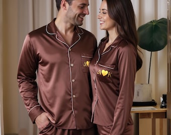 Brown Couple pajamas, bridesmaid pajamas, lounge and sleepwear, groomsmen proposal, silk bride pajamas, wedding gifts, valentines day gift.