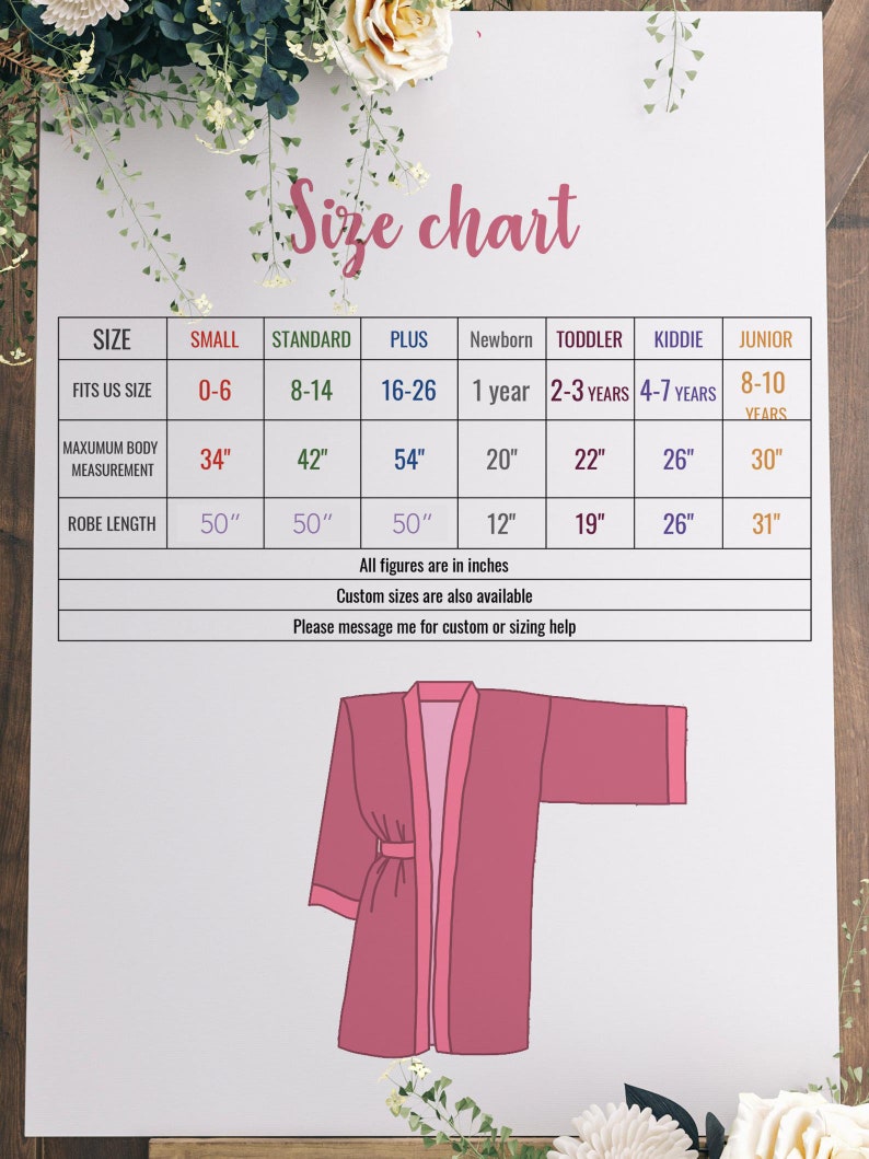 May include: Size chart for robes in various sizes, from newborn to junior. The chart shows the corresponding US size, maximum body measurement in inches, and robe length in inches.  Custom sizes are also available.