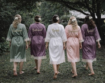 Satin Personalized Bridesmaid Robe Lace trim: Personalized Bridal Party Gift