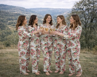 Floral Cotton Bridesmaid Pajamas, Personalized embroidered Bridal Party PJs
