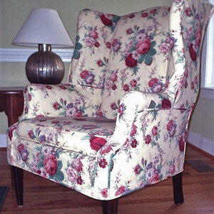 SAMPLE to have a wing chair with straight arms and cushion, no skirt made from your own fabric.  Message me with a photo of your chair first