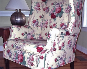 SAMPLE to have a wing chair with straight arms and cushion, no skirt made from your own fabric.  Message me with a photo of your chair first