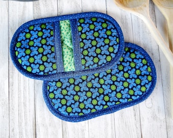 Pincher Pot Holders, Set of 2: Quilted Blue Artsy Butterfly Potholders, Pocket Pot Pinchers! Handmade Mini Oval Hotpads, Mom Kitchen Gift