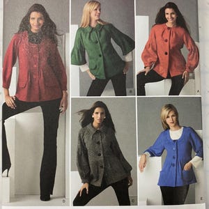 May include: Simplicity sewing pattern featuring various jacket designs. The image showcases jackets in red, green, orange, gray, and blue. The pattern includes sizes 14, 16, 18, 20, and 22. The Simplicity logo is visible at the top right.