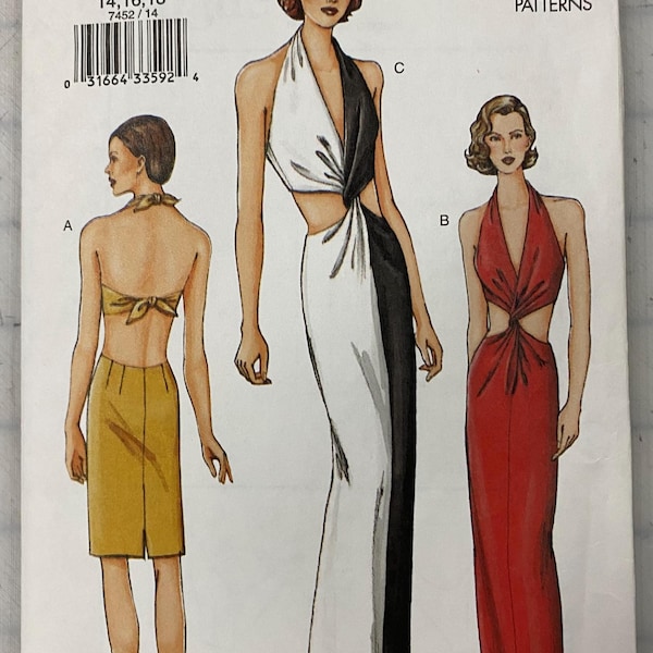 Vintage Vogue Dress Pattern: Vogue 7452, Backless Halter Evening Gown, Size 14-18, Y2K Fashion! Super Rare! NEW UNCUT Factory Folded  2001