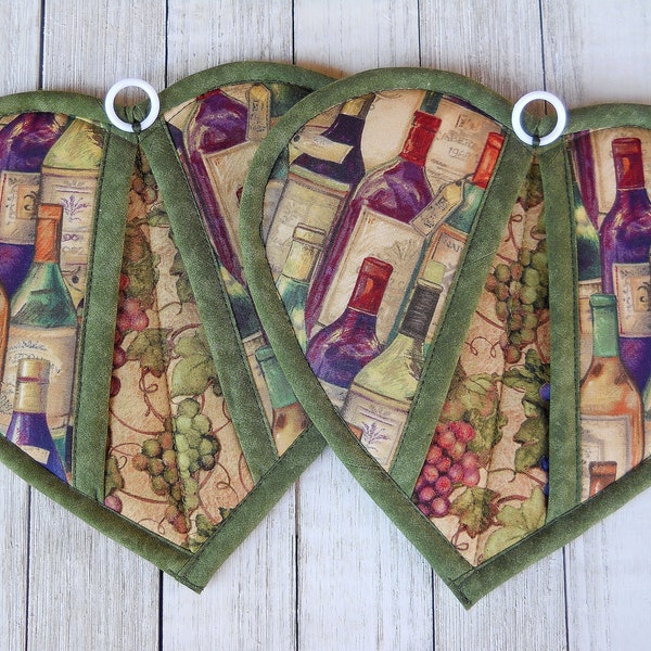 Wine Potholders Trivets, Set of 2: Vineyard Grapes!  Handmade Heart Pot Holders, Quilted Oven Mitts