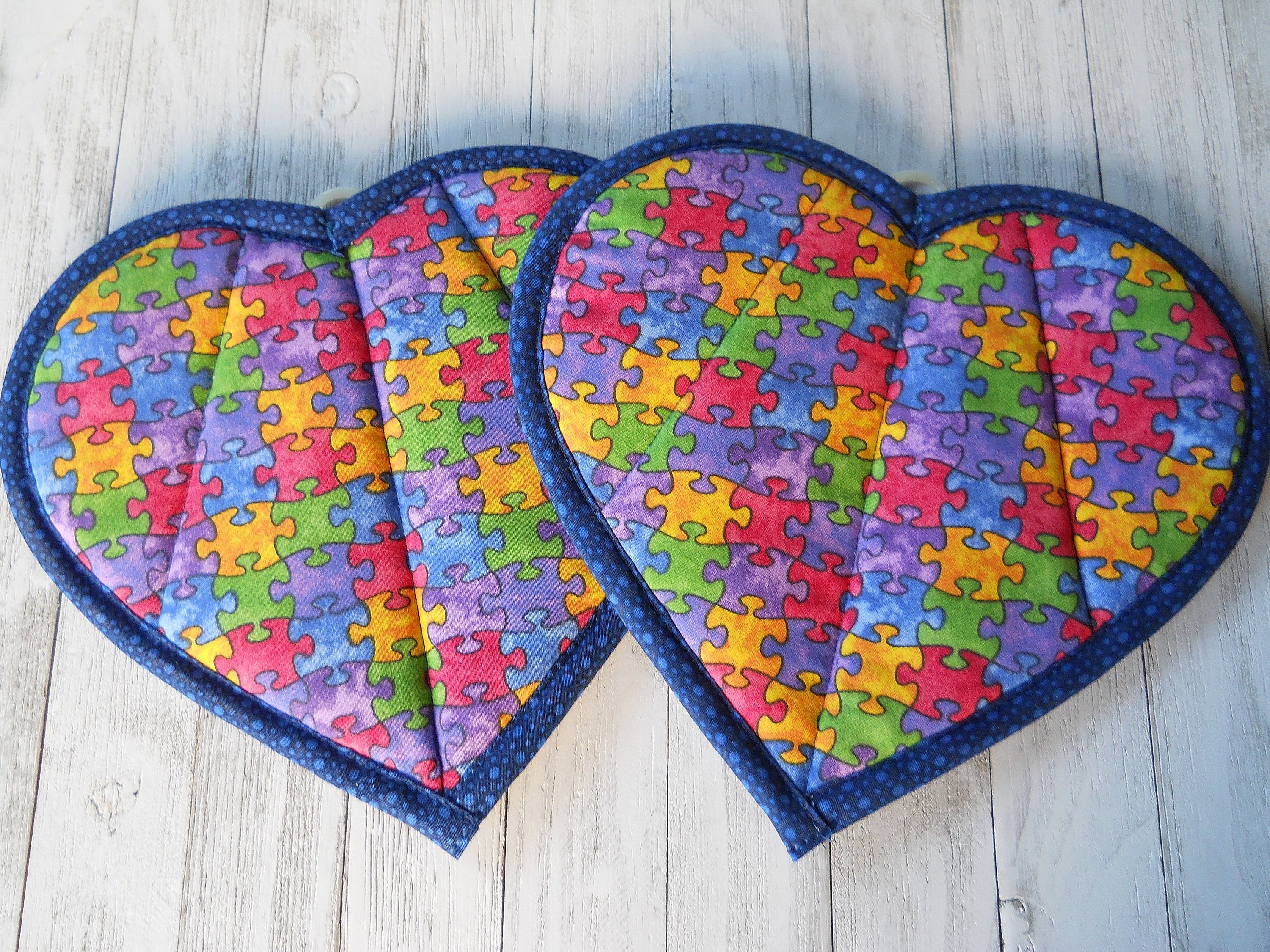 Quilted Potholders Trivets, Set of 2: Teacher Gift, Autism Awareness,  Handmade Heart Pot Holders, Oven Mitts, Puzzle Hot Pads 