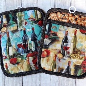 Handmade Wine Pot Holders: Quilted Pocket Oven Mitts, Set of 2