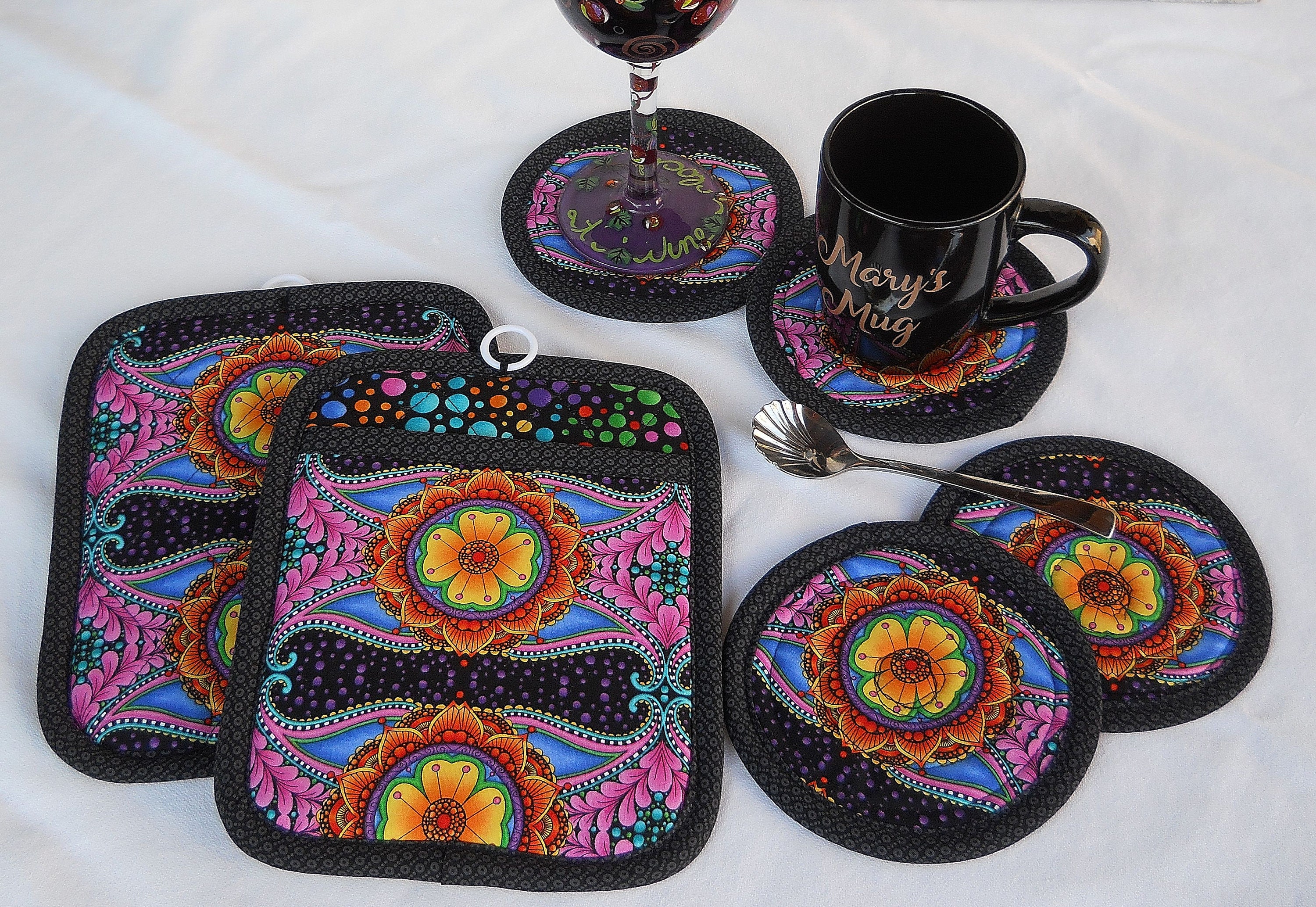 Pot Holder Rugs Handmade Floral Potholder & Mug Rug Set: Colorful Kitchen Decor - Etsy