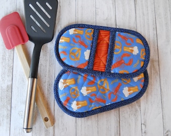 Pincher Pot Holders, Set of 2: Quilted Seafood Potholders, Pocket Pot Pinchers! Oval Hotpads, Lobster Beer Fest! Kitchen Gift, Gift for Mom