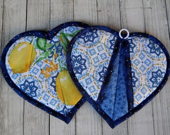 Handmade Pot Holders Trivets, Set of 2:  Lemons on Blue Tiles, Quilted Heart Pocket Potholders,  Oven Mitts,  Gift for Mom, Kitchen Gift