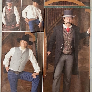 May include: Simplicity sewing pattern featuring cowboy-themed clothing. The pattern includes images of a man in various outfits, including a long coat, vest, and hat. The pattern size is AA 38,40,42,44.
