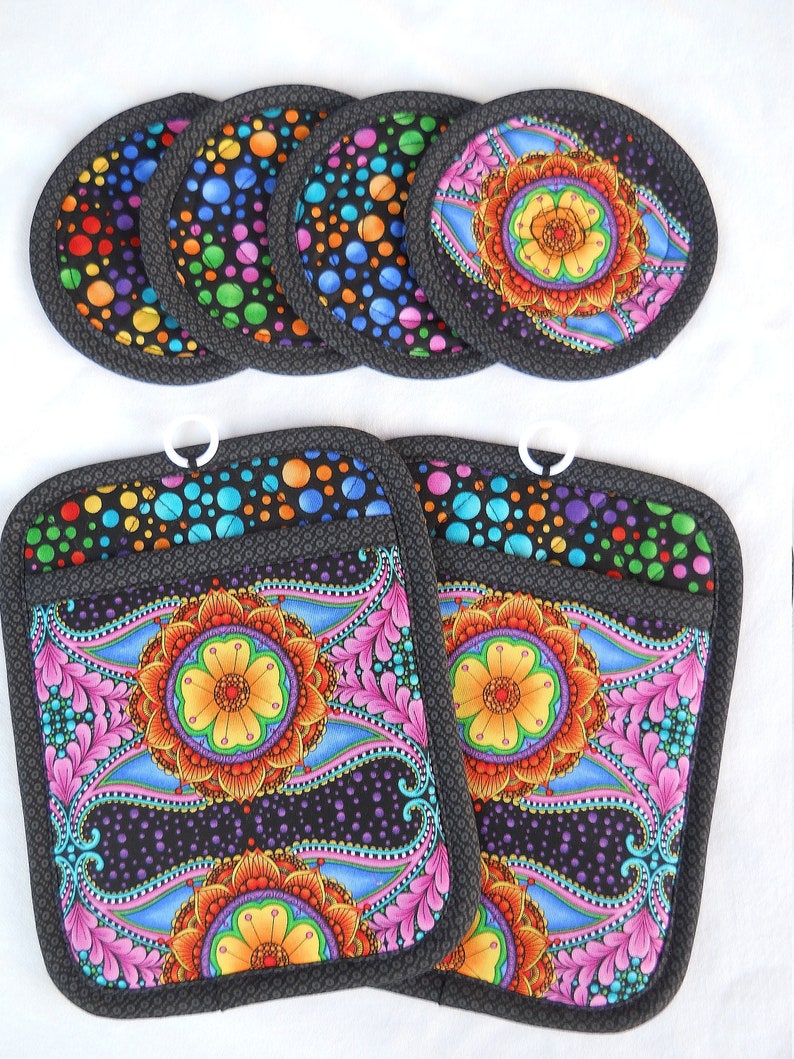 Pot Holder Rugs Handmade Floral Potholder & Mug Rug Set: Colorful Kitchen Decor - Etsy