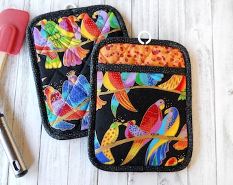 Handmade Potholders Trivets, Set of 2: Colorful Songbirds w/ Gold! Pot Holders with Pockets, Quilted Oven Mitts, Gift for Mom, Kitchen Gift