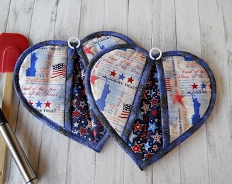 Set of 2 Patriotic Heart Potholders, Quilted Oven Mitts, Red White Blue Kitchen Gift, Politician Gift! Celebrate America 250 Anniversary!